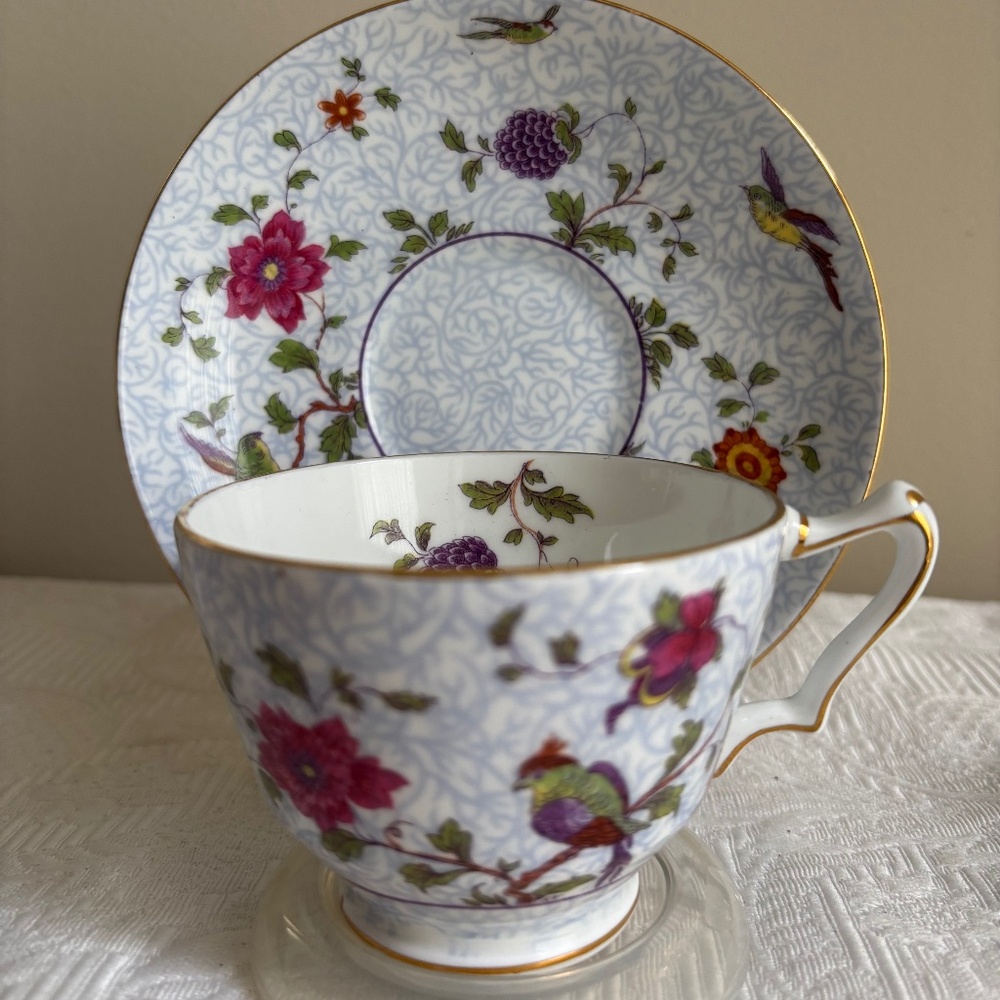 Crown Staffordshire Parrot & Floral Cup & Saucer